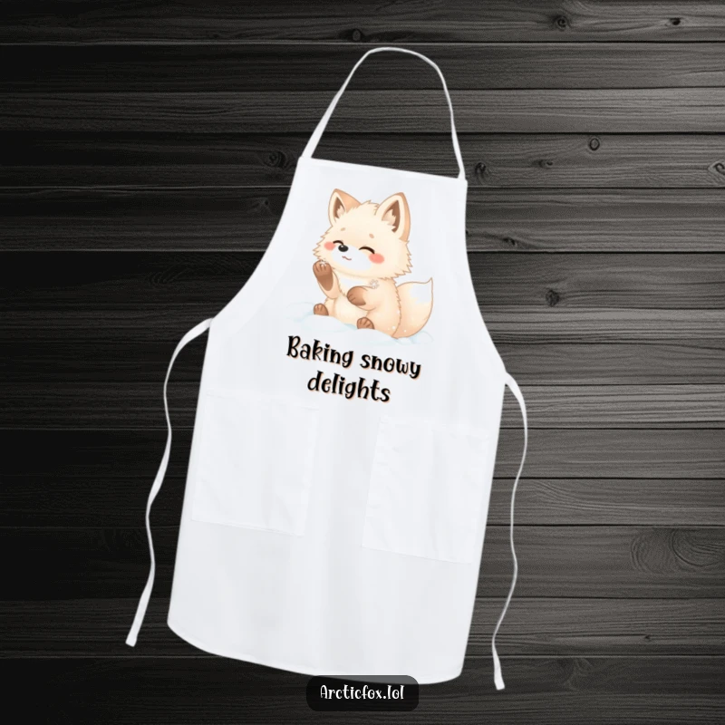 Funny arctic fox apron showing a fluffy fox with paws in snow, gleefully catching a snowflake.