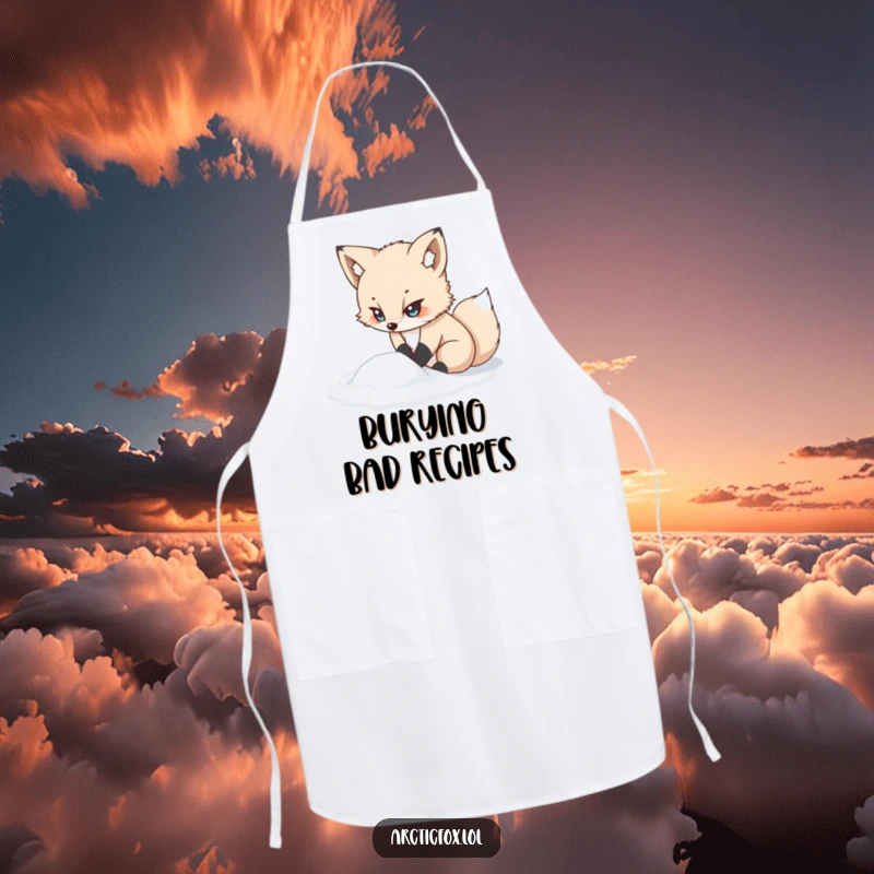 Funny kawaii arctic fox apron, looking determined while digging in snow, a fun and funny gift for chefs.
