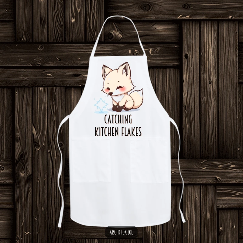 Funny Arctic fox apron, playfully chasing snowflake, winter cooking, practical and cheerful, a fun funny gift.
