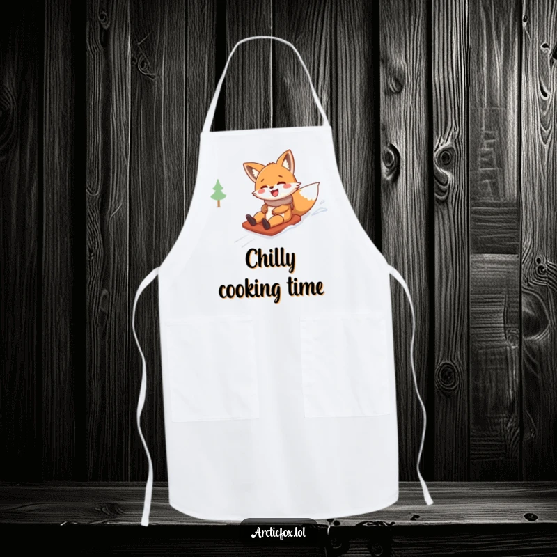 Funny apron showing a joyful fox character giggling while sliding down a snowy hill, ready for kitchen fun.