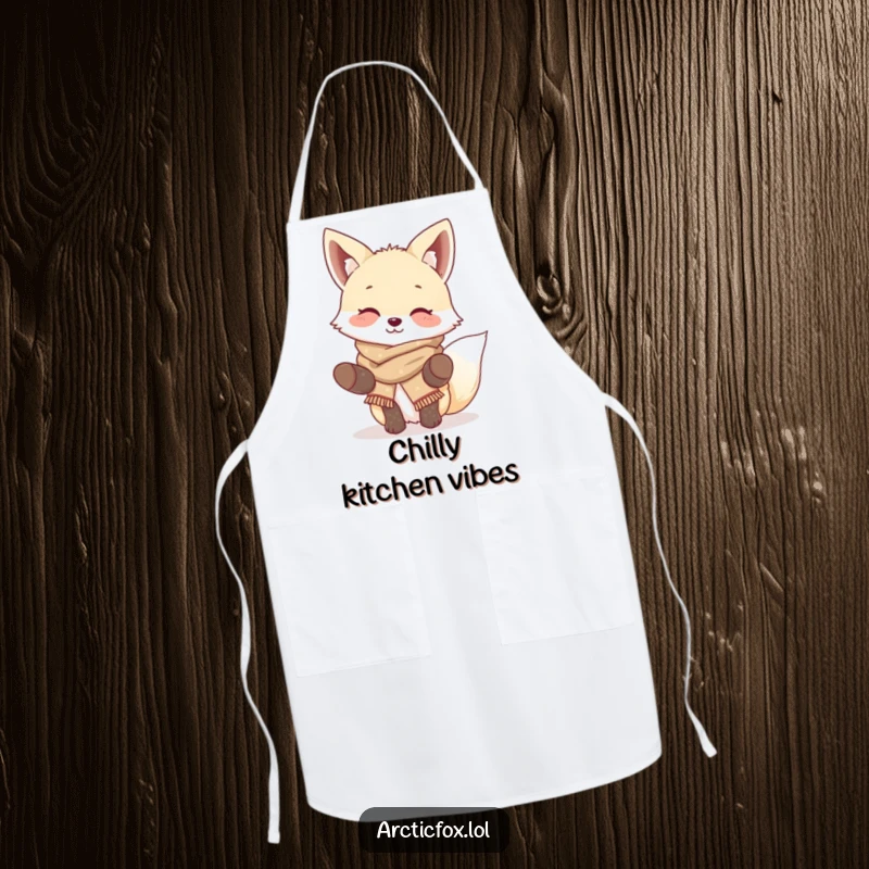 Funny Giggling Fox Apron: Features a cute arctic fox in winter gear, perfect for a cheerful kitchen and as a funny gift.