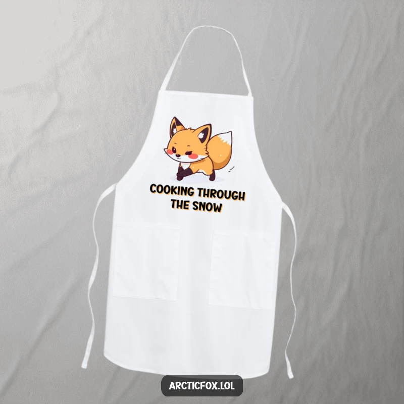 Funny apron depicting a determined arctic fox bravely navigating through a gentle, mesmerizing snow flurry.