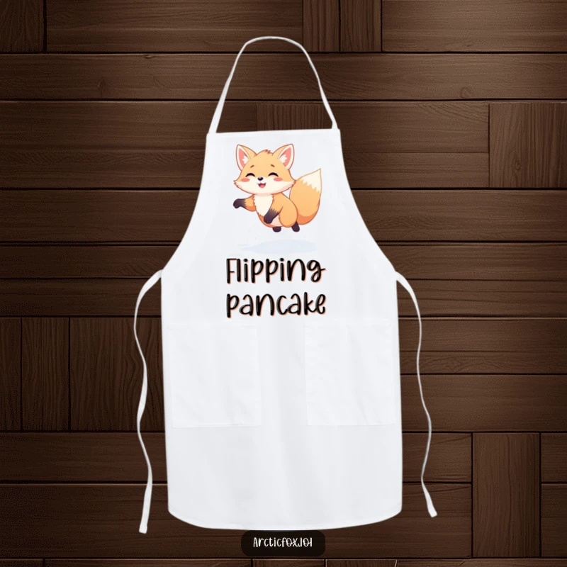 Funny Kawaii Arctic Fox Apron: Cute white fox humorously jumping high in fresh snow, making kitchen time fun and energetic.