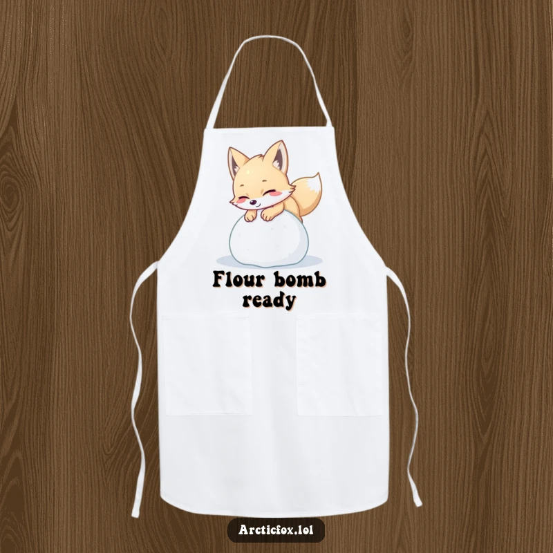 Funny arctic fox apron showing a playful creature pouncing with delight on a ball of soft snow, perfect for energetic kitchen activities.