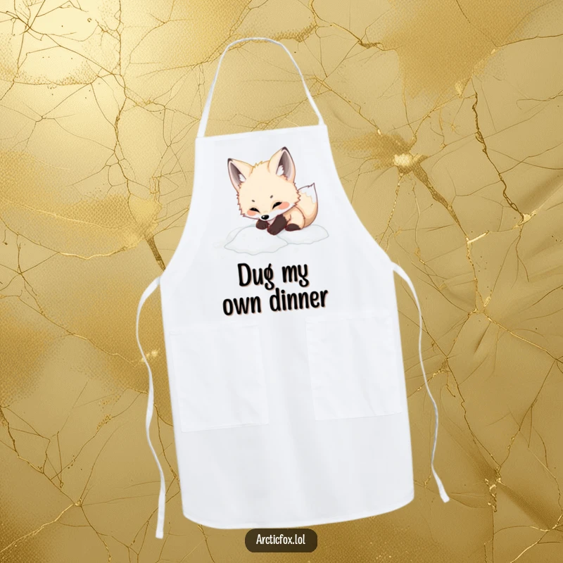 Funny adorable arctic fox apron, depicting playful digging in snow, perfect for a cute and functional kitchen accessory.