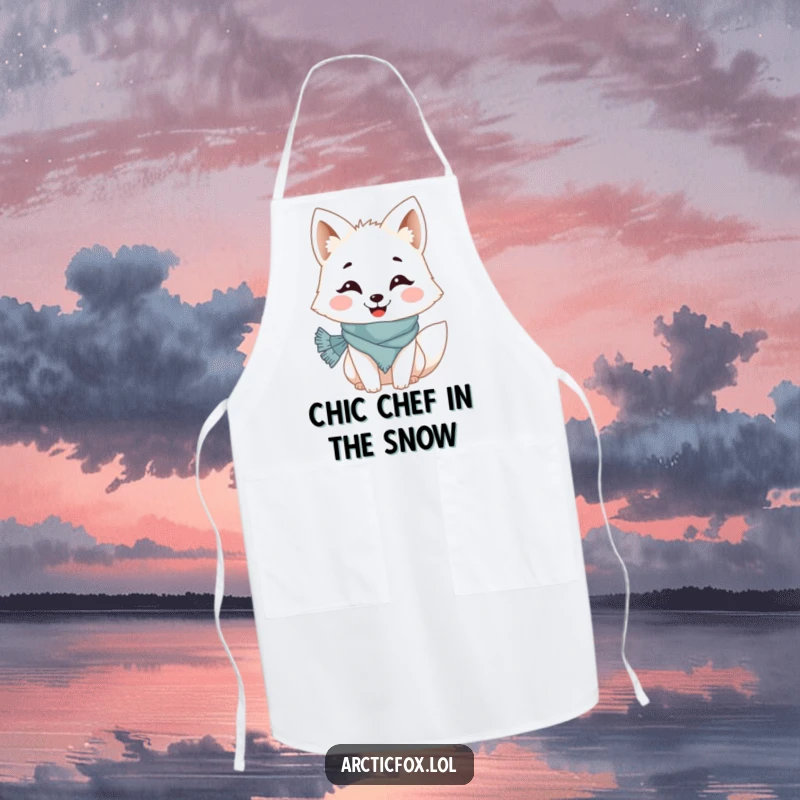 Funny apron showing a grinning Arctic fox wearing a small scarf, ready to help in the kitchen with a cheerful, helpful expression.