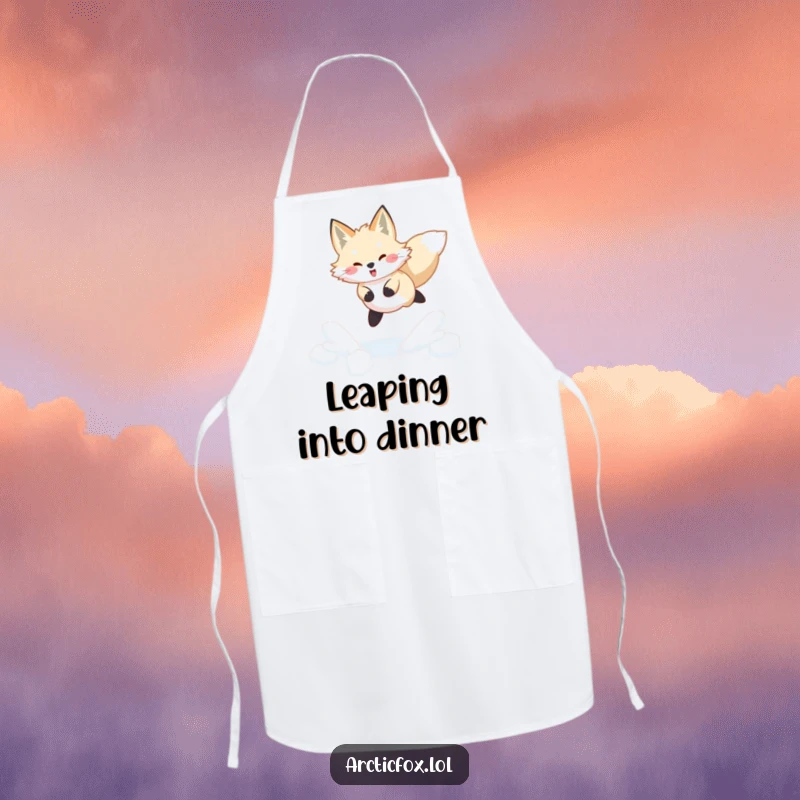 Funny Arctic fox apron depicting a joyful leap through fresh, powdery snow, a humorous kitchen accessory for winter.