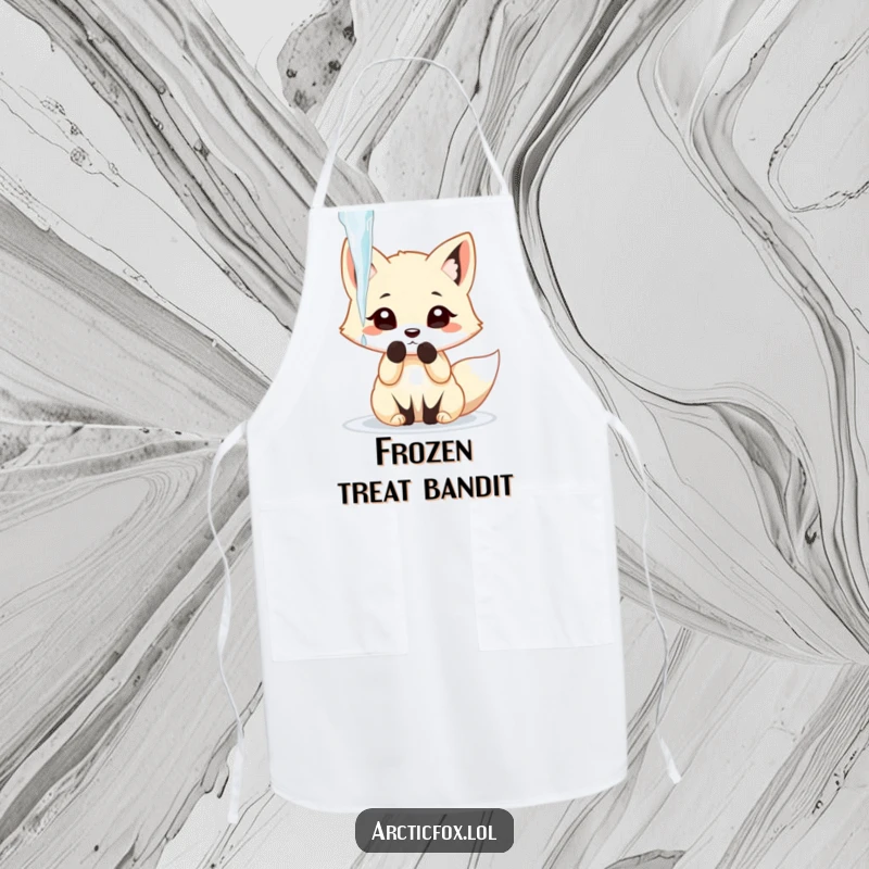 Funny arctic fox playfully batting at a dangling icicle with its paw, shown on a cute kitchen apron.