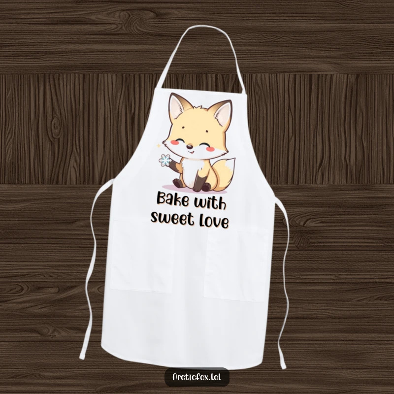 Funny apron depicting a smiling arctic fox offering its paw in a friendly gesture to a tiny snowflake.