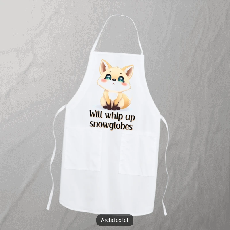 Funny apron adorned with an arctic fox that has wide, eager eyes, observing snowflakes falling gracefully.