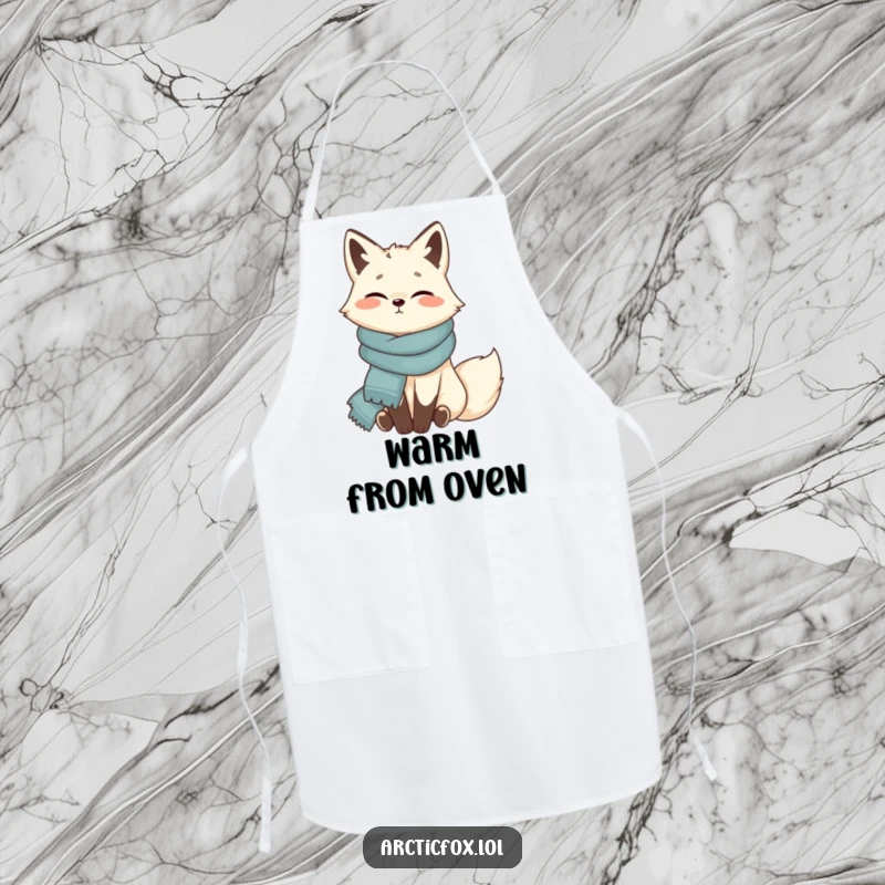 Funny Arctic fox apron, contentedly wrapped in scarf, cozy kitchen wear, practical and charming, a delightful funny gift.