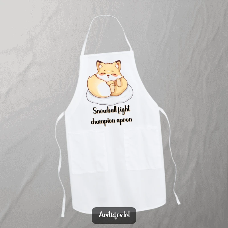 Funny Arctic fox apron, busy in the kitchen with a playful snow-roll theme, bringing winter fun to cooking.