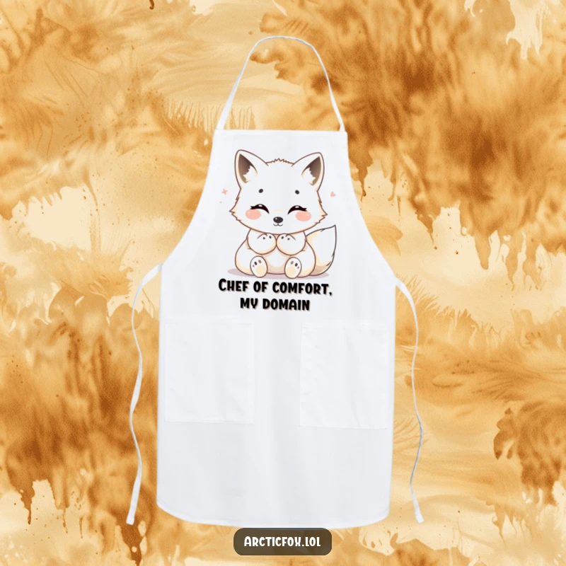 Funny Arctic fox apron, showing a content fox radiating warmth, ideal for adding a cozy touch to cooking.