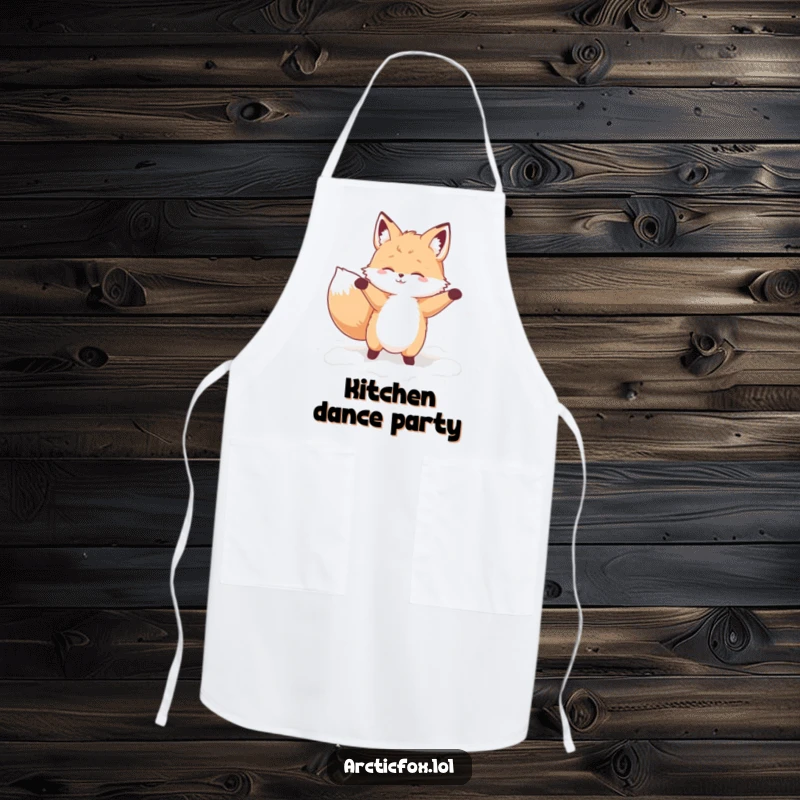 Funny apron depicting a fluffy fox doing a silly dance in a pile of soft snow, ideal for kitchen fun.