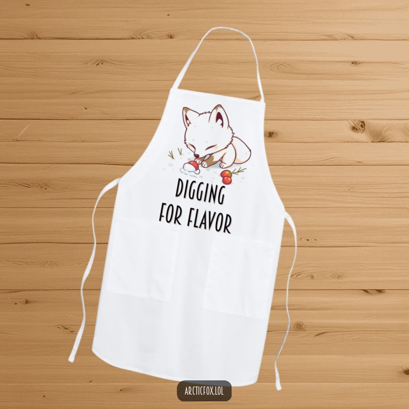 Funny Apron: A determined arctic fox humorously digs in the snow, ready to uncover delicious culinary secrets.