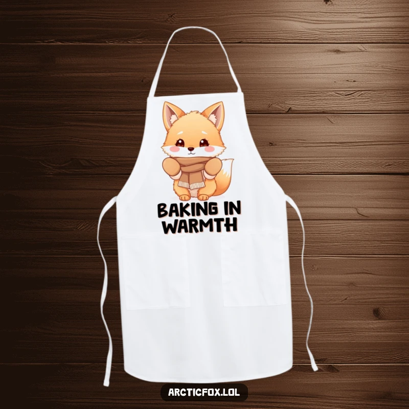 Funny Fluffy Fox Apron featuring a cute fox character wearing cozy mittens and a scarf, perfect for adding cozy humor to cooking.