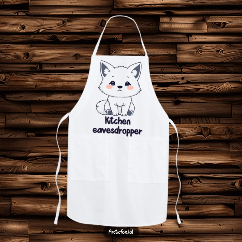 Funny Kawaii Arctic Fox Apron: A cute Arctic fox with ears perked, listening intently, adding charm and humor to kitchen tasks.