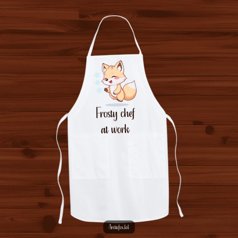 Funny Kawaii Arctic Fox Apron, joyfully chasing a snowflake, cute and functional kitchen accessory, humorous arctic animal print, great funny gift