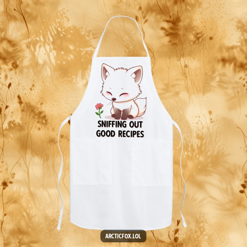 Funny kawaii arctic fox curiously sniffing a tiny single bloom, designed on a practical and cute kitchen apron.
