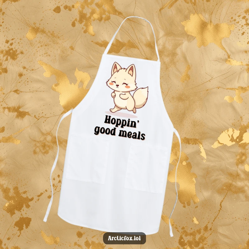 Funny Kawaii Arctic Fox Apron depicting a happy hop, ideal for joyful cooking.