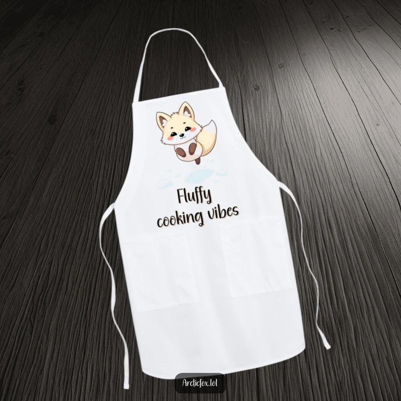 Funny Kawaii Arctic Fox Apron: A kitchen apron showcasing a cute, kawaii arctic fox leaping playfully through fresh snow.