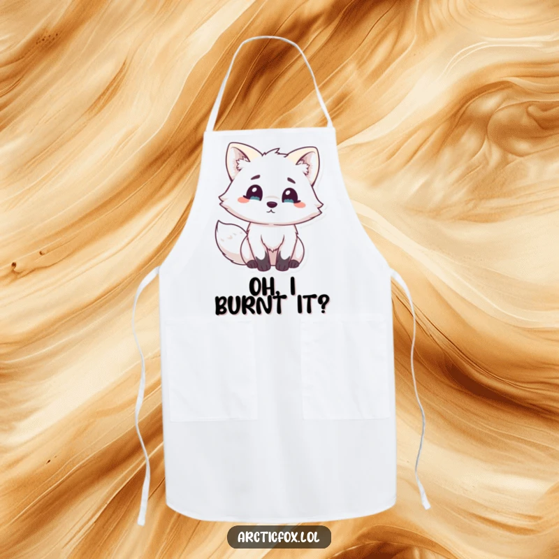 Funny Kawaii Arctic Fox Apron: Cute white fox hilariously surprised with perked ears, making kitchen time fun and comical.