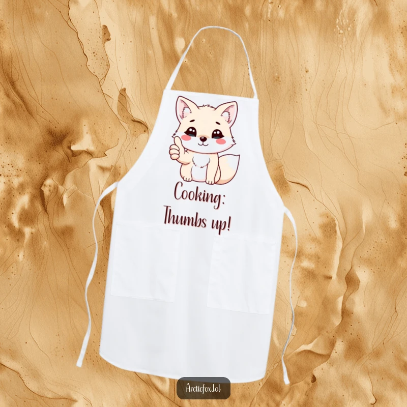 Funny kawaii arctic fox giving a cheerful thumbs up with its paw, designed on a practical and cute kitchen apron.
