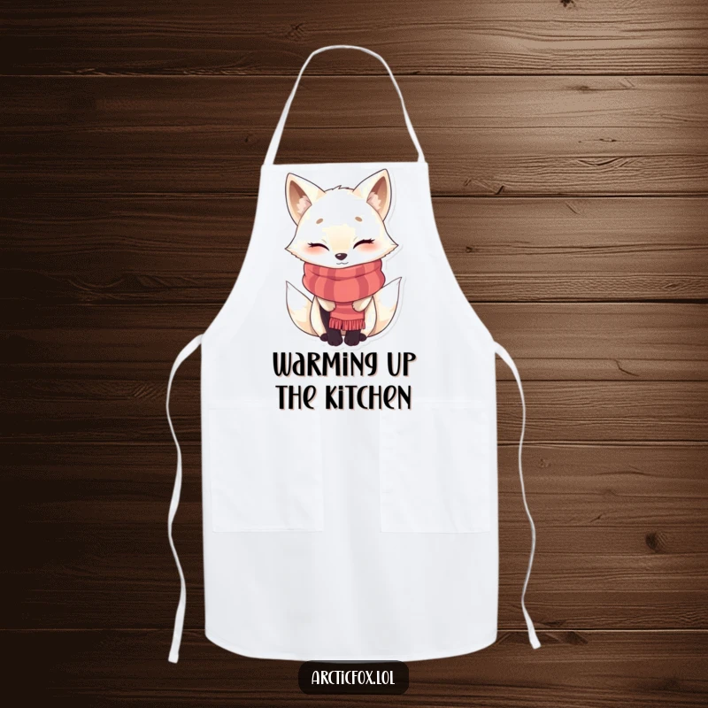 Funny winking Arctic fox apron, bundled in a scarf, perfect for adding playful charm to kitchen activities.