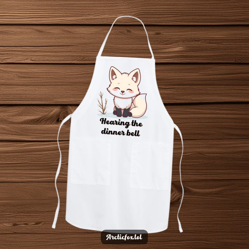 Funny Kawaii arctic fox with perked ears, listening, a humorous and functional apron.