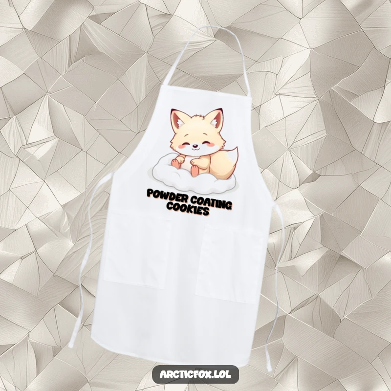 Arctic fox happily rolling in soft white powder, on a kitchen apron, great for playful cooks.