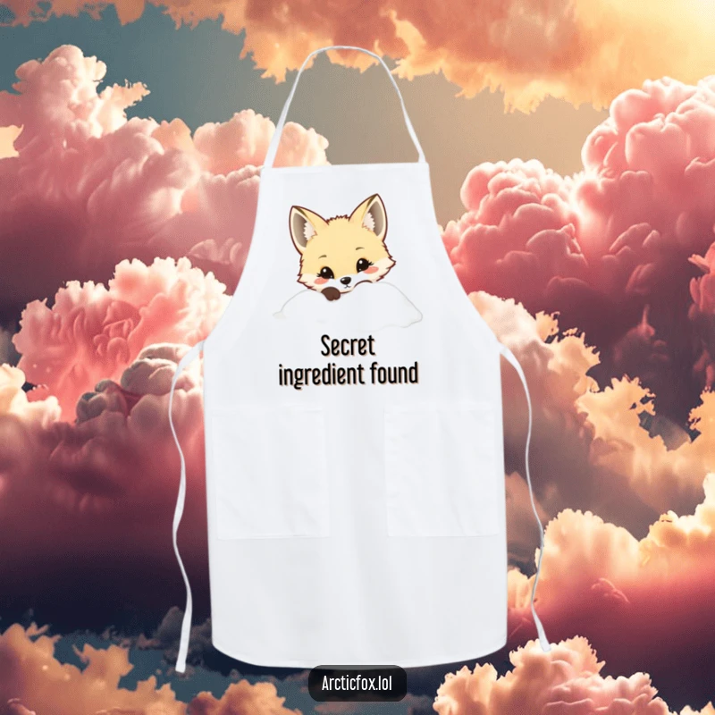 Kawaii Arctic fox curiously peeking from snow, on a kitchen apron, great for cute cooks.