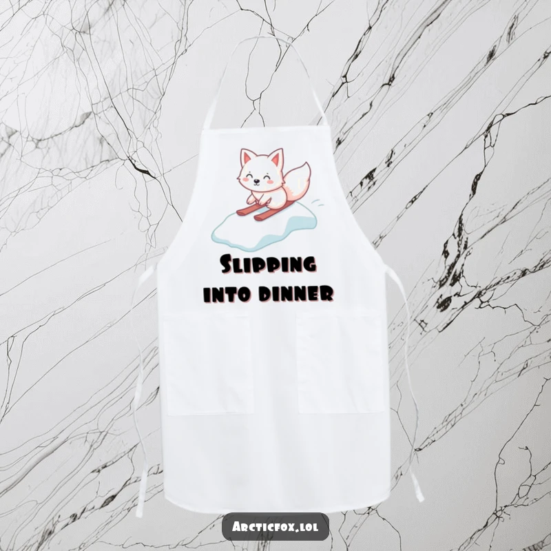 Funny Kawaii Arctic Fox Apron, gleefully sliding down an icy slope, cute and functional kitchen accessory, humorous arctic animal print, great funny gift