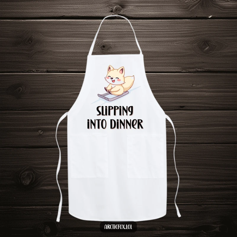 Cute Arctic fox sliding gleefully down a snowy slope, on a kitchen apron, great for playful cooks.