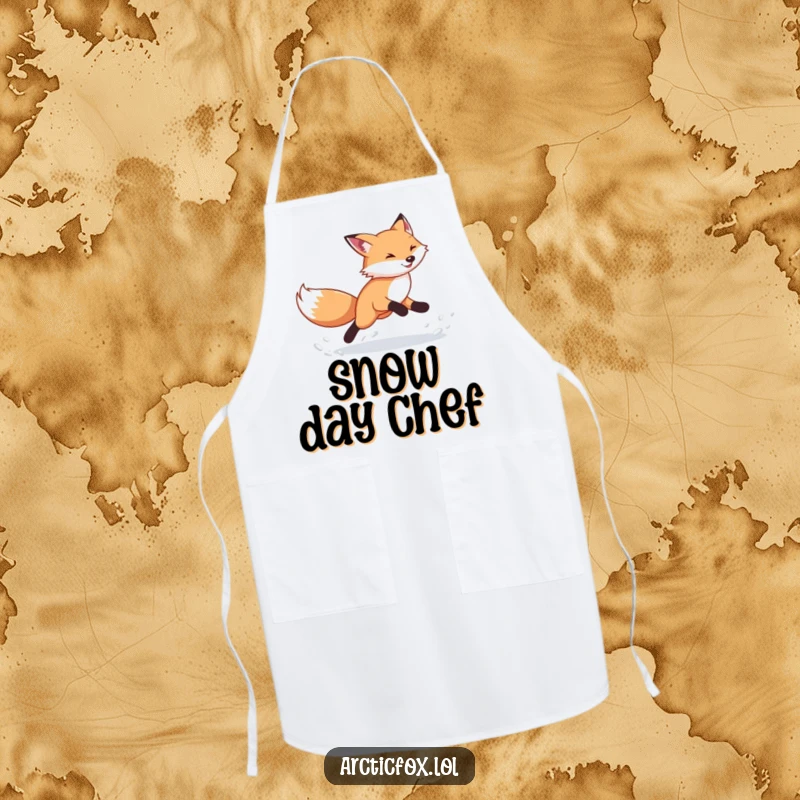 Funny Arctic Fox Apron: Features an energetic fox kicking snow, perfect for cooks who enjoy a playful, fun kitchen, a great funny gift.