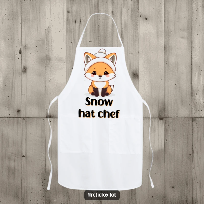 Funny Kawaii Arctic Fox Apron wearing a tiny, crooked snowball hat, great for humorous kitchen activities.
