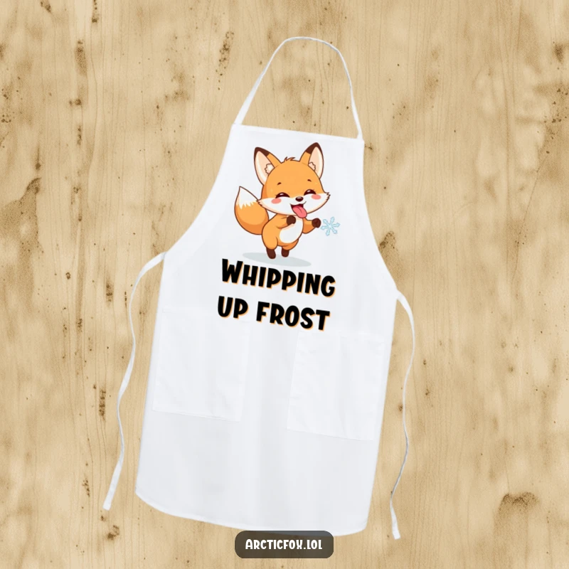 Funny apron depicting a fox with its tongue out, joyfully chasing a snowflake, ideal for kitchen fun and winter vibes.