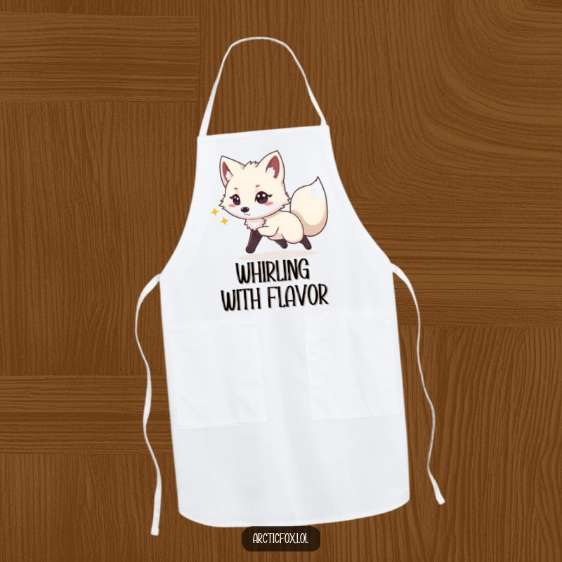 Funny apron depicting a playful Arctic fox with sparkling eyes, energetically chasing its tail, perfect for adding fun to cooking.