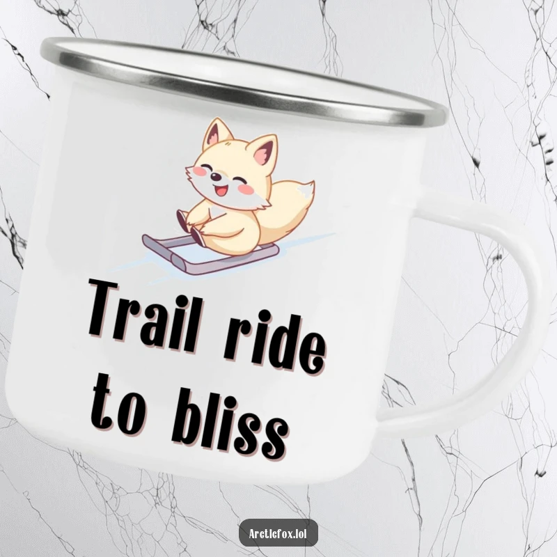 Cute Arctic fox gleefully sliding down a snowy slope, on a durable camping mug, ideal for outdoor fun.