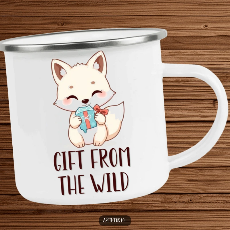 Funny Kawaii Arctic Fox Camping Mug: Durable mug with a cute white fox humorously offering a shiny icicle as a gift, ready for outdoor generosity.