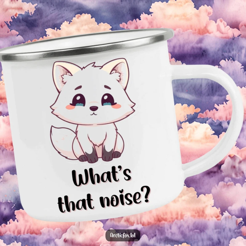 Funny Kawaii Arctic Fox Camping Mug: Durable mug with a cute white fox adorably surprised, ready for outdoor adventures and hearty laughs.