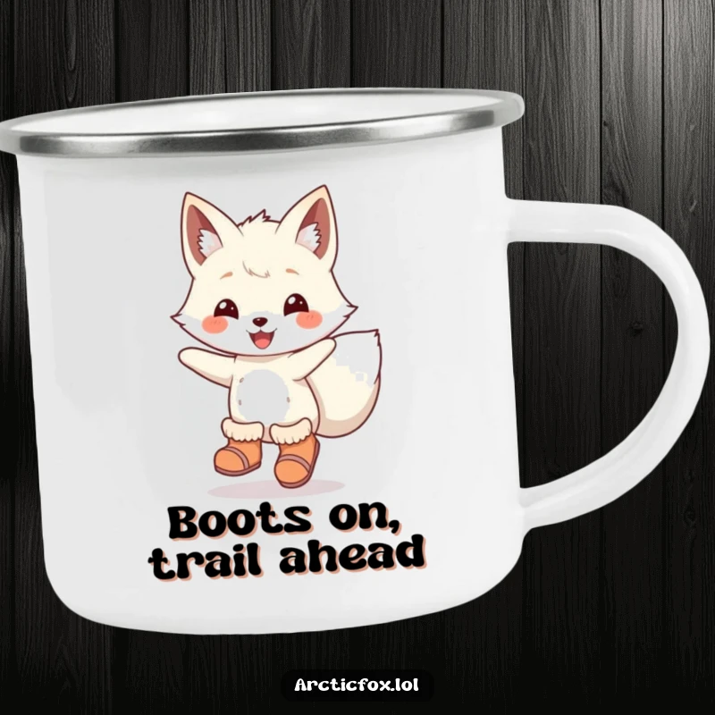 Funny Camping Mug: An arctic fox in boots joyfully leaping, perfect for outdoor drinks and energetic humor.