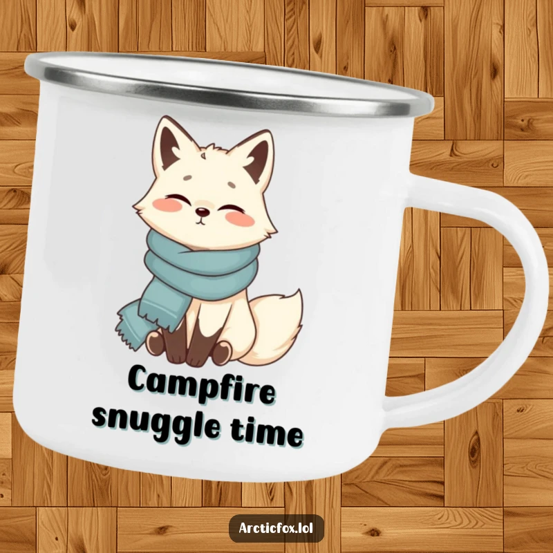 Funny Arctic fox camping mug, contentedly wrapped in scarf, cozy campfire essential, durable and warm, a great funny gift.