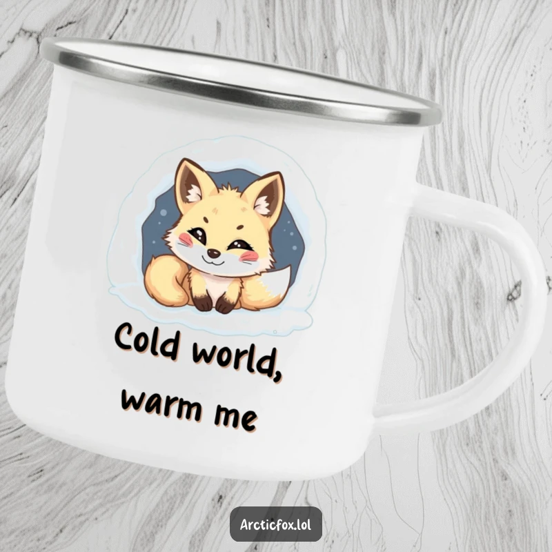 Funny Arctic fox camping mug, mischievous grin, peeking from snowy den, durable and humorous for outdoor adventures, a great funny gift.