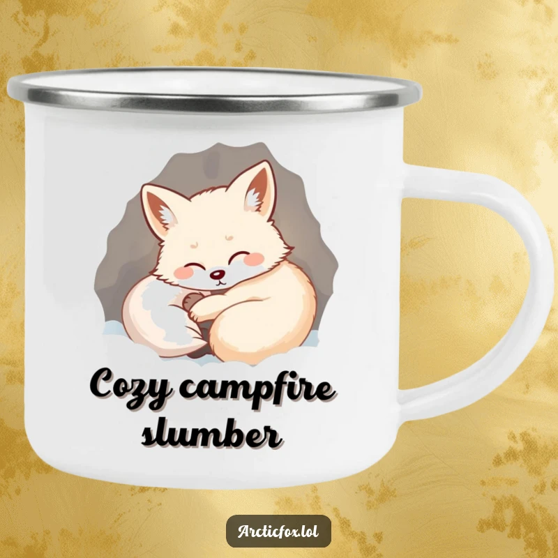 Funny camping mug showing a contented arctic fox curled up in a snug, snowy den, exhaling a happy sigh.