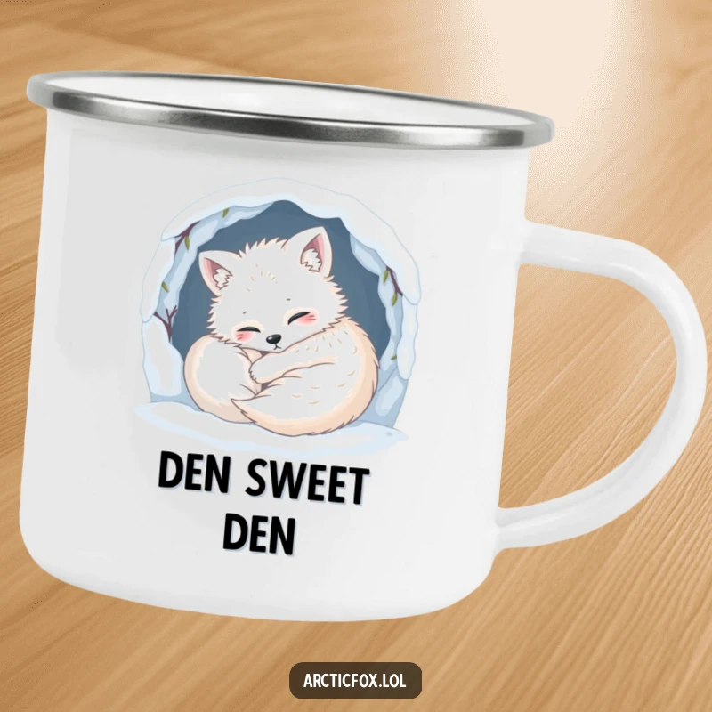 Funny Camping Mug: A content arctic fox is humorously curled up snugly in its snowy den, perfect for cozy outdoor moments.