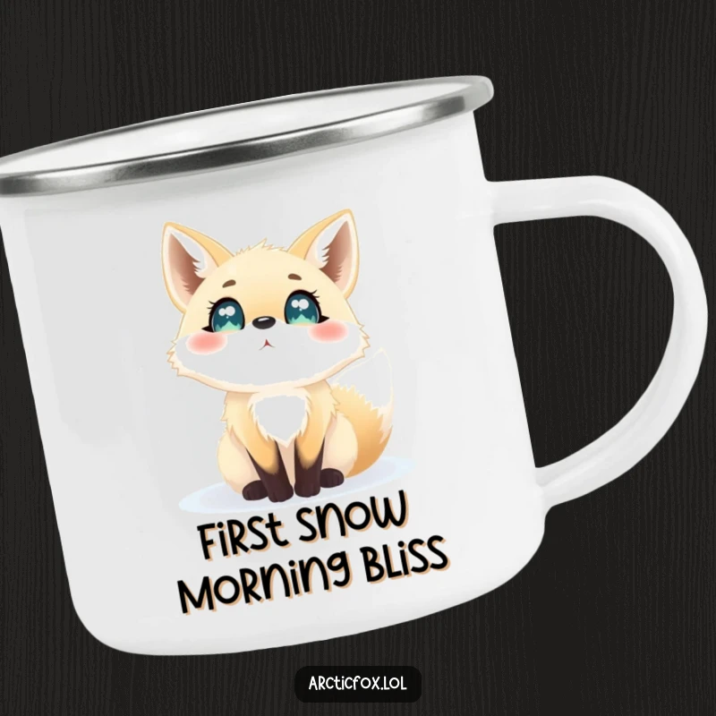 Funny camping mug featuring an arctic fox with wide, enthusiastic eyes, observing the gentle fall of snowflakes.