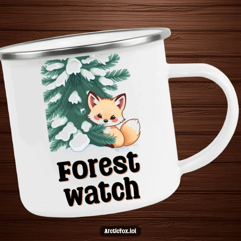 Funny arctic fox camping mug showcasing a curious creature peeking from behind a snow-dusted evergreen, perfect for mysterious outdoor moments.