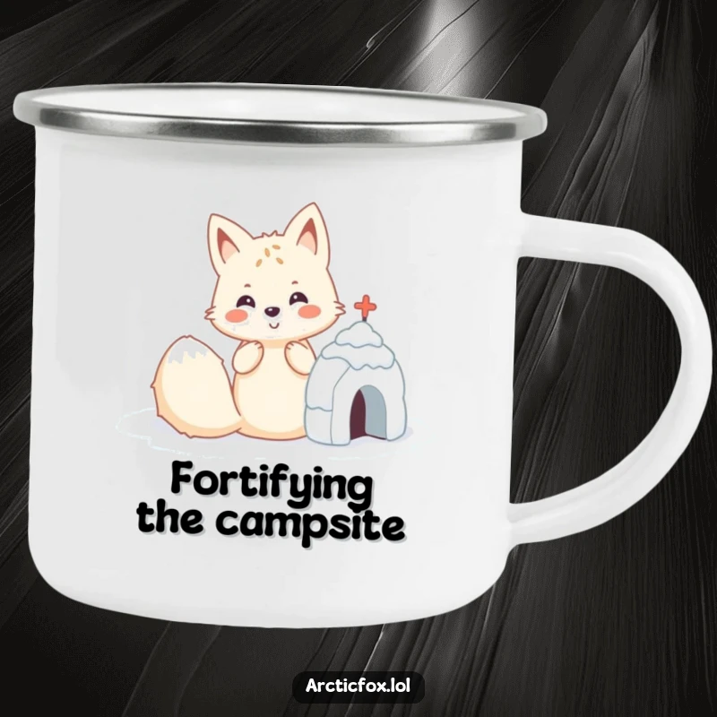 Funny Kawaii arctic fox building a snow fort, a durable and humorous camping mug.