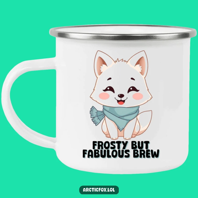 Funny Arctic Fox Camping Mug: Grinning Scarved Fox, Outdoor Gift