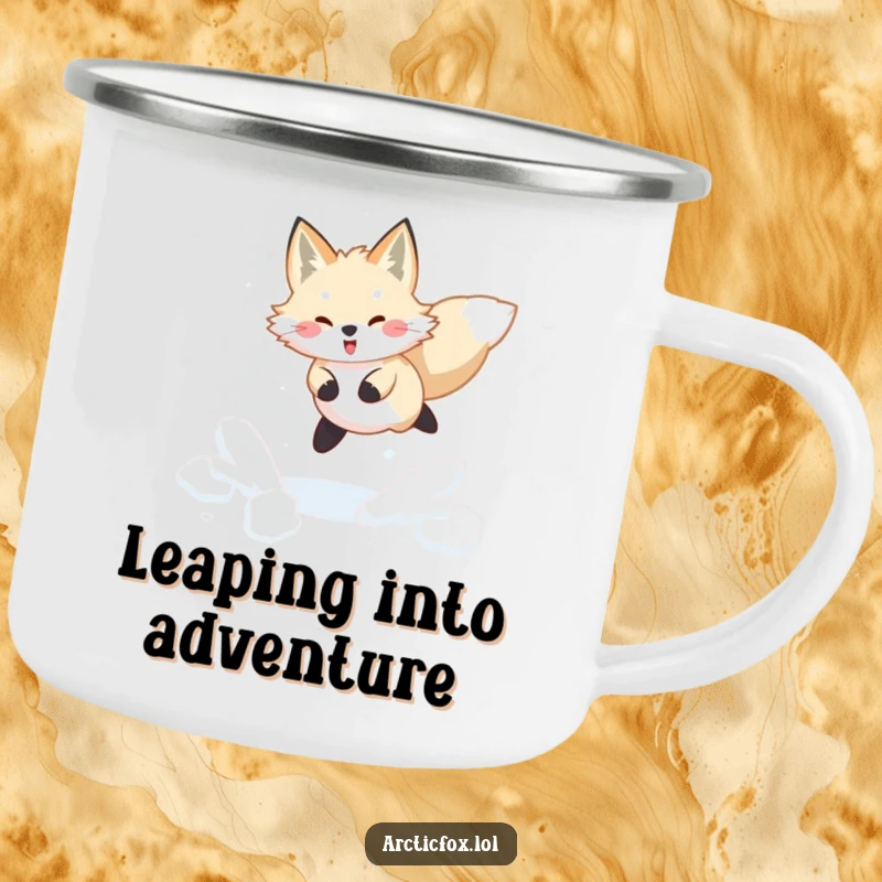 Funny Arctic fox camping mug featuring a joyful leap through fresh, powdery snow, bringing winter humor to the wild.